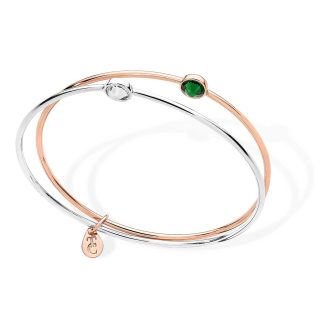 Rose Gold & Silver Double Linked Bangle With Jade CZ & Clear CZ