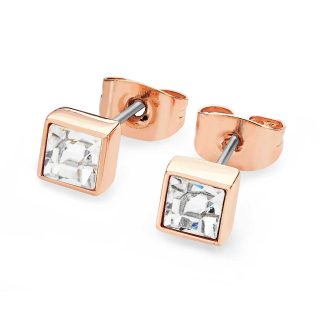 April - Rose Gold Square Birthstone Earrings - Clear Crystal