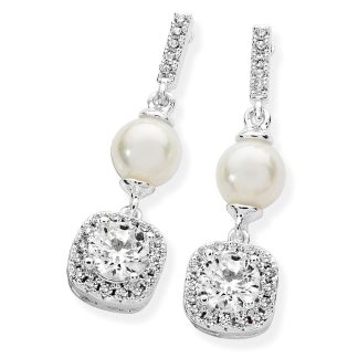 Silver Pearl Bar With Cz Drop Earrings