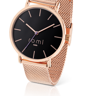 Romi Watch Black Face Rose Gold Mesh Strap