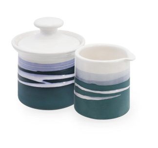 PAUL MALONEY POTTERY TEAL MILKER & SUGAR BOWL