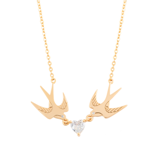 TC SWALLOW PENDANT 2 SWALLOWS AND HEART CZ - GOLD  - NEW 2025