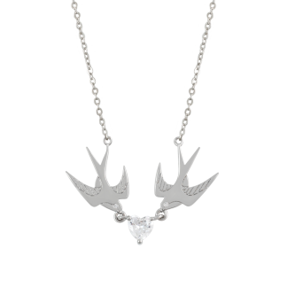 TC SWALLOW PENDANT 2 SWALLOWS AND HEART CZ - SILVER  - NEW 2025